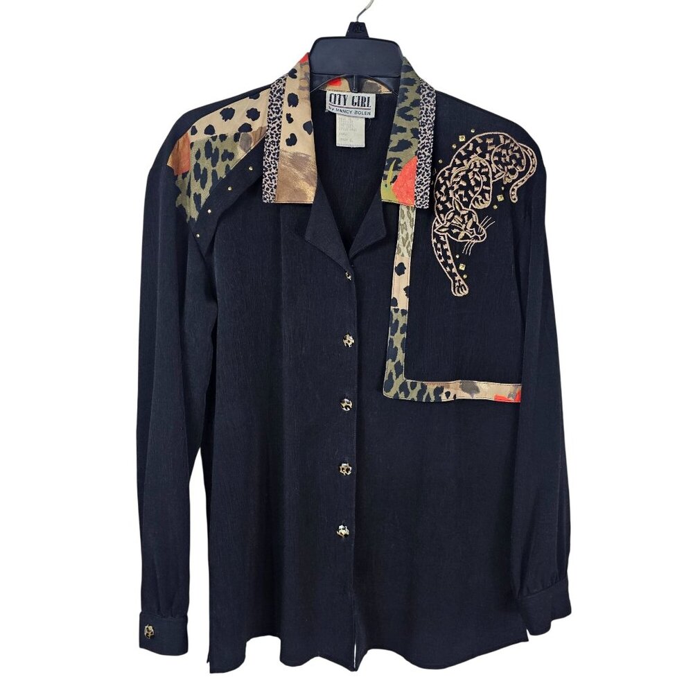 Vintage City Girl‎ Leopard Embroidered Button-Up Shirt S Black Retro 80s Disco